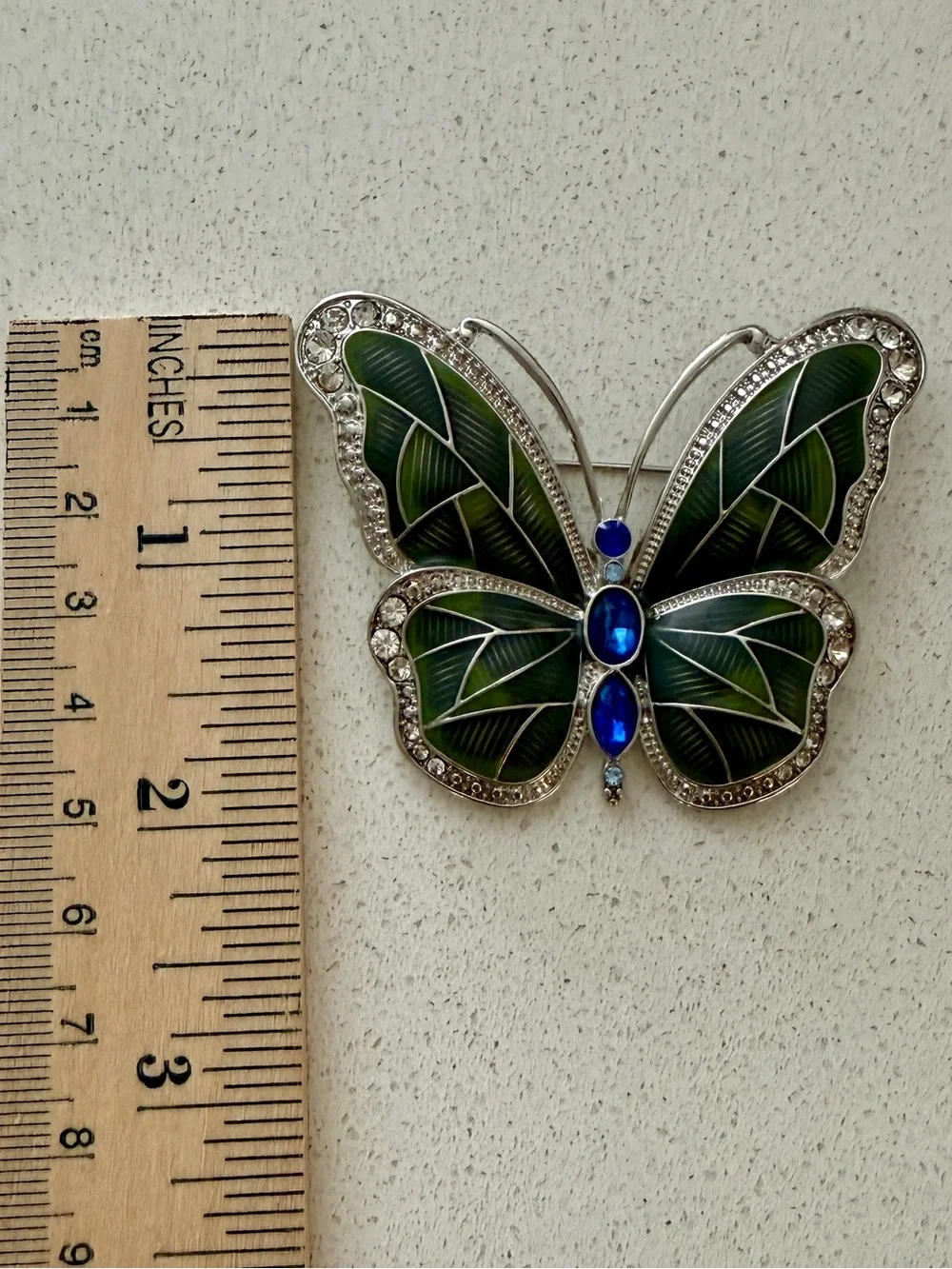 Green and Blue Enamel Butterfly Brooch - Silver Tone Crystal Accent